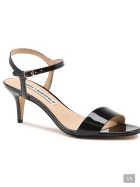 Karl Lagerfeld Black Patent Leather Ankle-Strap Mid-Heel Sandals